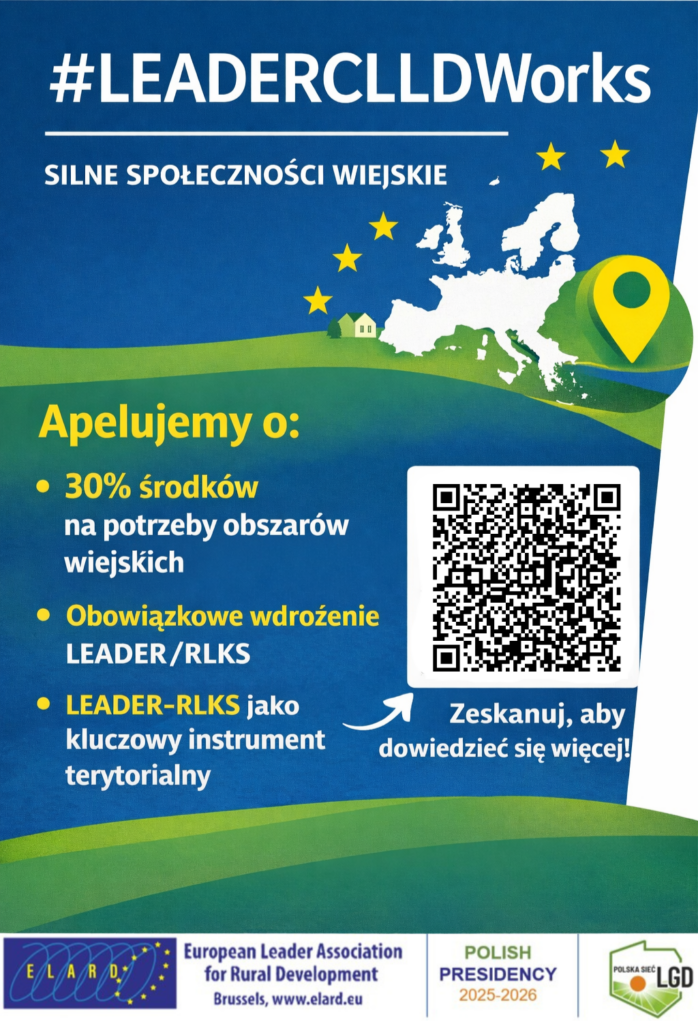 Plakat informacyjny dotyczący inicjatywy LEADER/RLKS i wsparcia obszarów wiejskich, z mapą Europy, symbolem lokalizacji oraz kodem QR prowadzącym do petycji.