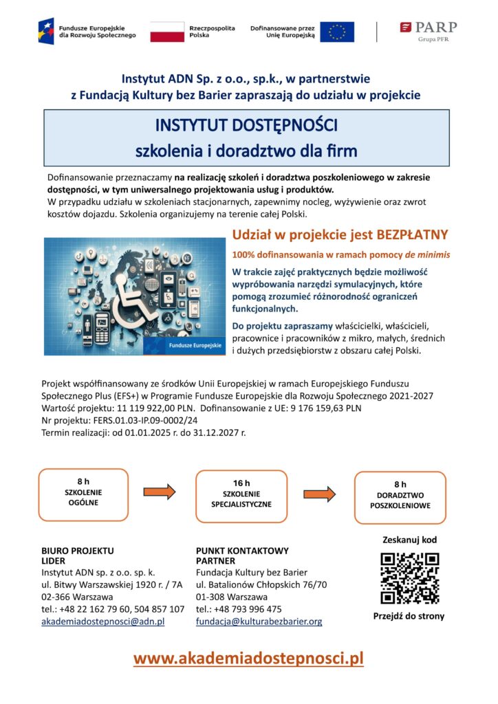 Plakat informujący o projekcie „Instytut Dostępności – szkolenia i doradztwo dla firm”, z informacją o bezpłatnym udziale, dofinansowaniu oraz spotkaniu online 30 kwietnia 2026 roku.