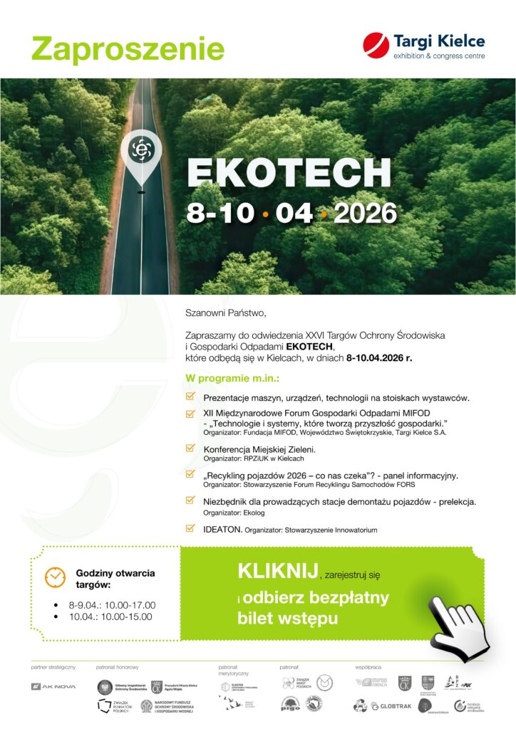 Plakat informujący o Targach Ochrony Środowiska i Gospodarki Odpadami EKOTECH, które odbędą się w dniach 8–10 kwietnia 2026 roku w Kielcach, z motywem drogi przebiegającej przez zielony las oraz elementami graficznymi nawiązującymi do ekologii i recyklingu.