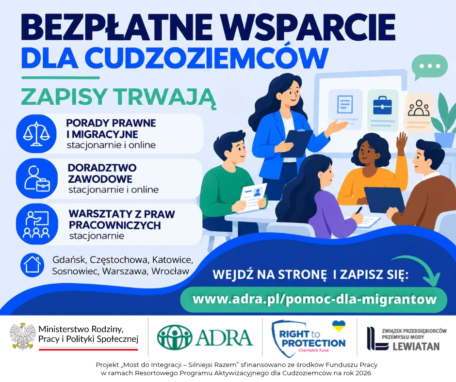 Plakat Fundacji ADRA Polska informujący o zapisach na bezpłatne porady prawne i migracyjne, doradztwo zawodowe oraz warsztaty dla cudzoziemców.