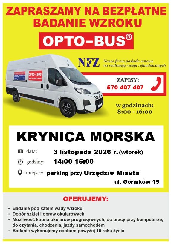Plakat zapraszający na bezpłatne badanie wzroku 3 listopada 2026 r., godz. 14:00–15:00, parking przy Urzędzie Miasta w Krynicy Morskiej, ul. Górników 15. Zapisy: 570 407 407, godz. 8:00–16:00.